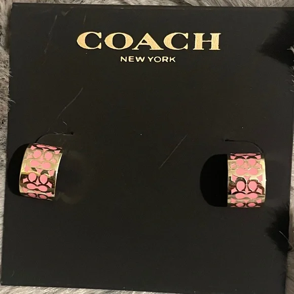 Coach Signature C Pattern Pink and Gold Enamel Huggie Earrings NWT - Picture 4 of 6